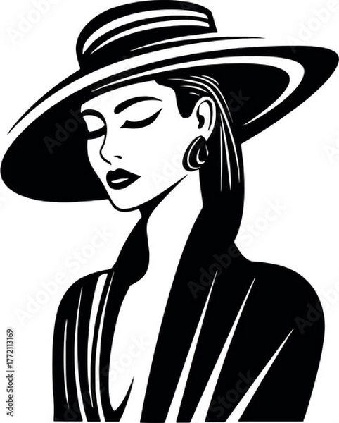 Fototapeta Elegant black and white illustration of a woman wearing a stylish wide brimmed hat and a sophisticated jacket