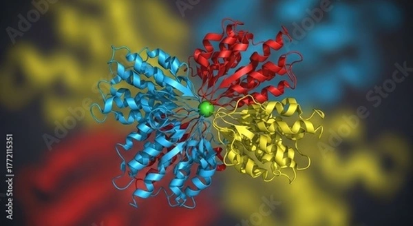 Fototapeta 3d molecular model of a protein structure with colorful subunits