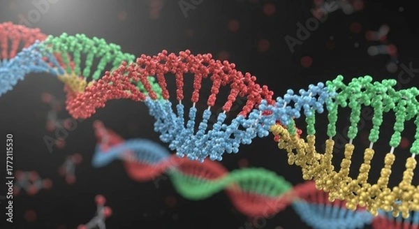 Fototapeta Colorful dna double helix structure in abstract scientific background