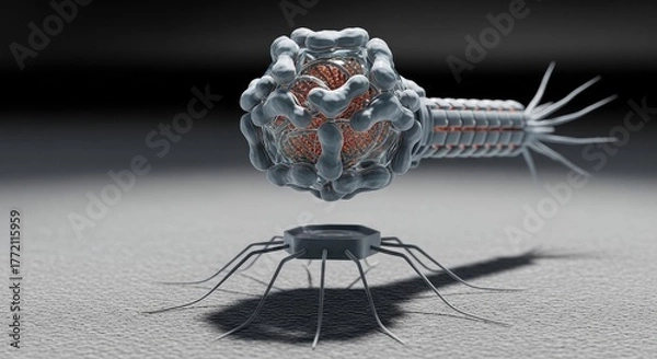 Fototapeta Bacteriophage virus attacking a bacterium with nanobot