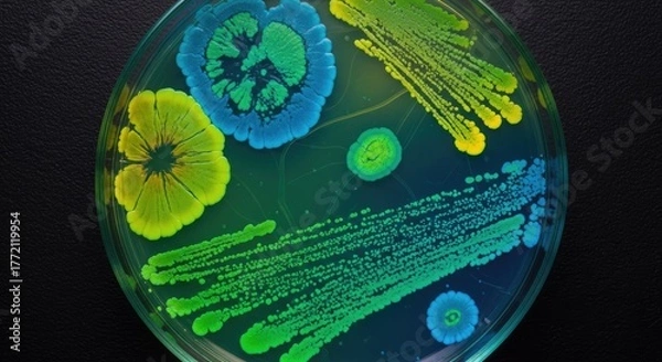 Fototapeta Colorful bacterial colonies growing on a petri dish