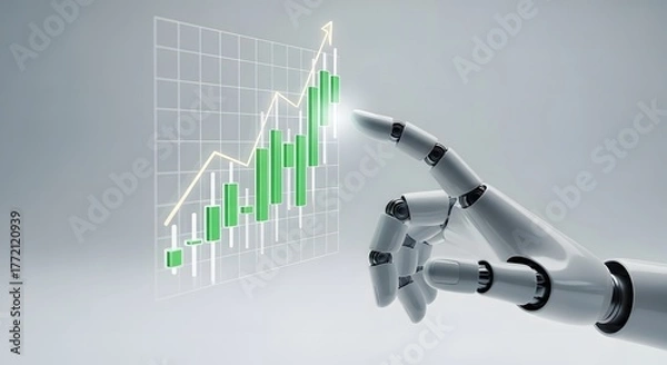 Fototapeta A white robotic hand pointing towards a digital, holographic rising bar chart with a green upward line, symbolizing AI, technology, and business success