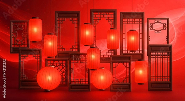 Obraz Traditional red lanterns hang among the ornate wooden window frames against a crimson background