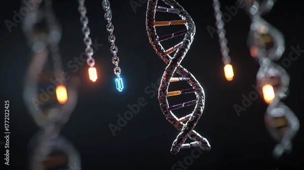 Fototapeta Genetic engineering theme, 3D DNA double helix model suspended against a black background, base pairs labeled on the chain, fluorescently labeled gene fragments beside it 