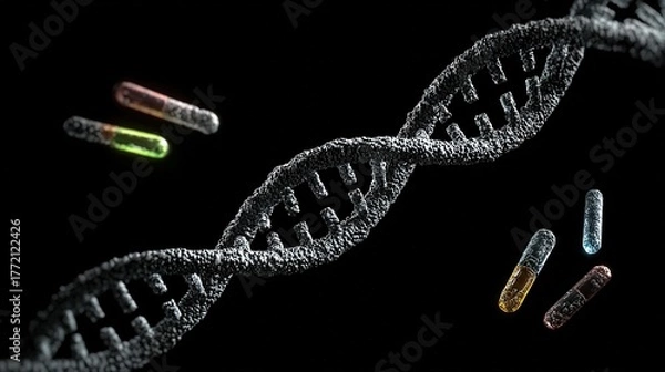 Fototapeta Genetic engineering theme, 3D DNA double helix model suspended against a black background, base pairs labeled on the chain, fluorescently labeled gene fragments beside it 