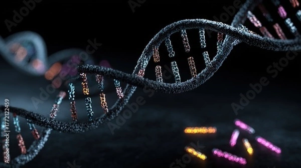 Fototapeta Genetic engineering theme, 3D DNA double helix model suspended against a black background, base pairs labeled on the chain, fluorescently labeled gene fragments beside it 