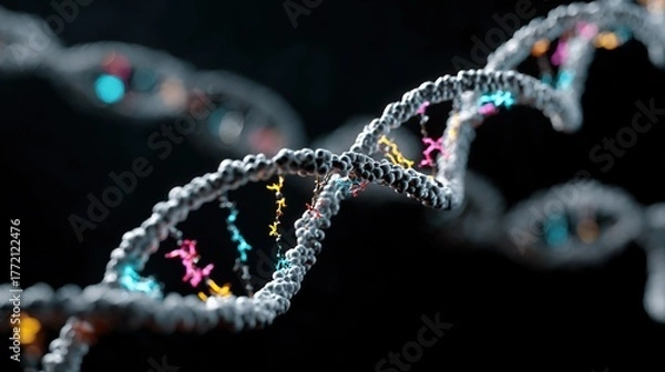 Fototapeta Genetic engineering theme, 3D DNA double helix model suspended against a black background, base pairs labeled on the chain, fluorescently labeled gene fragments beside it 