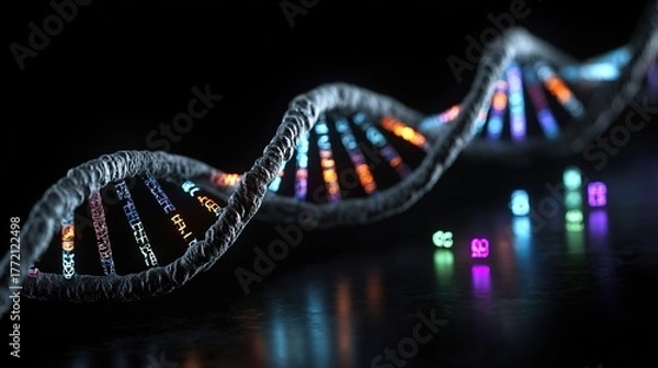 Fototapeta Genetic engineering theme, 3D DNA double helix model suspended against a black background, base pairs labeled on the chain, fluorescently labeled gene fragments beside it 