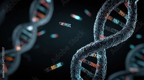 Fototapeta Genetic engineering theme, 3D DNA double helix model suspended against a black background, base pairs labeled on the chain, fluorescently labeled gene fragments beside it 