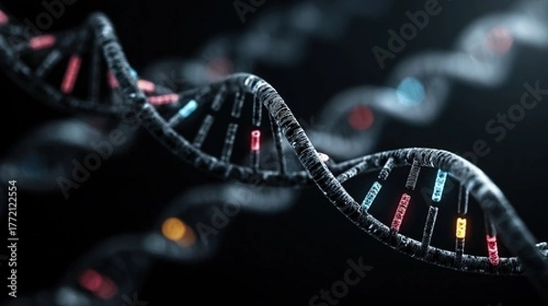 Fototapeta Genetic engineering theme, 3D DNA double helix model suspended against a black background, base pairs labeled on the chain, fluorescently labeled gene fragments beside it 