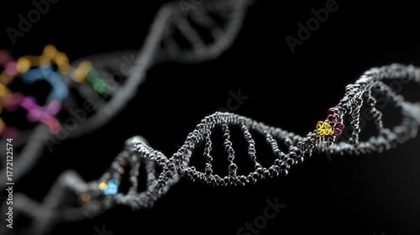 Fototapeta Genetic engineering theme, 3D DNA double helix model suspended against a black background, base pairs labeled on the chain, fluorescently labeled gene fragments beside it 