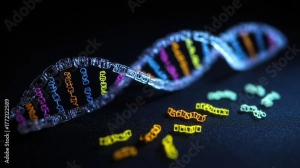 Fototapeta Genetic engineering theme, 3D DNA double helix model suspended against a black background, base pairs labeled on the chain, fluorescently labeled gene fragments beside it 