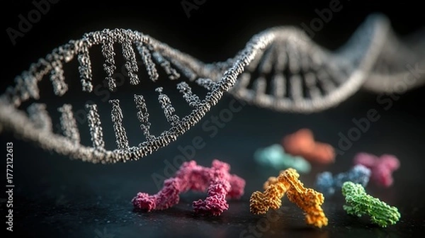 Fototapeta Genetic engineering theme, 3D DNA double helix model suspended against a black background, base pairs labeled on the chain, fluorescently labeled gene fragments beside it 
