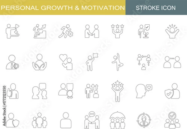 Fototapeta Personal Growth and Motivation Icon Set | Leadership, Success, Communication, Achievement, Teamwork, Coaching, Balance, Mindset, Support, Trust Outline Icons