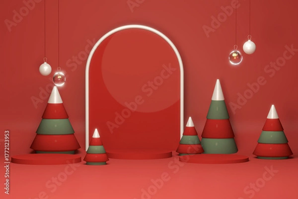 Obraz Red Holiday Stage 3D – Merry Christmas New Year Marketing Background
