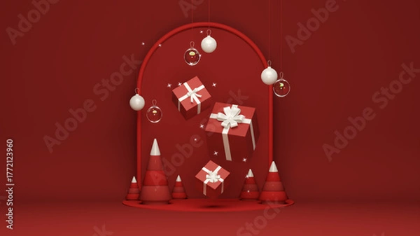 Obraz Red Holiday Stage 3D – Merry Christmas New Year Marketing Background
