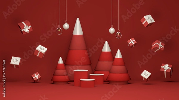 Obraz Elegant Red Christmas Backdrop 3D – Winter Sale Display Mockup