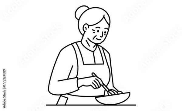 Fototapeta 家庭料理を作る高齢女性のモノクロ線画イラストアイコン