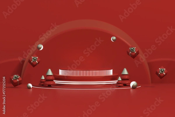 Obraz Red Christmas Product Display Stage 3D – Holiday Sale Background Scene