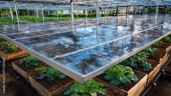 Fototapeta Solar photovoltaic panel theme, translucent photovoltaic panels on the top of an agricultural greenhouse, vegetables planted below visible, intelligent irrigation nozzles beside