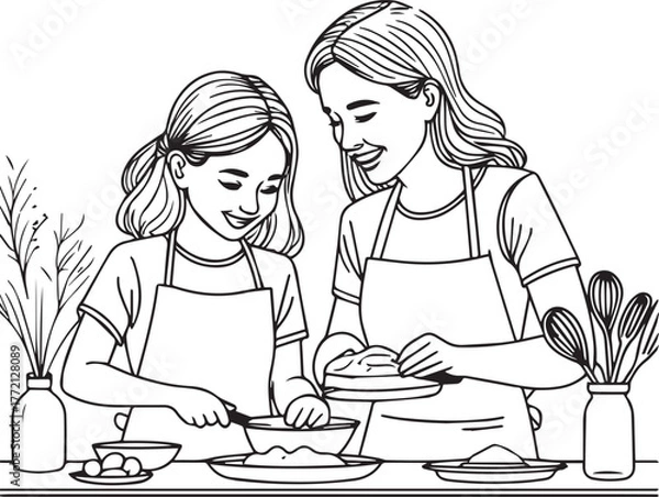 Fototapeta Smiling mother and daughter working side by side in kitchen