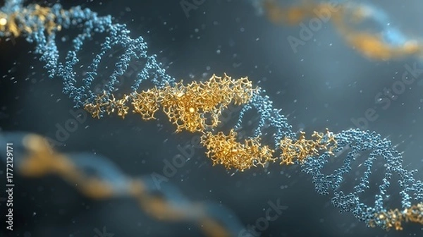 Fototapeta Genetic engineering theme, simply showing the process of CRISPR-Cas9 protein cutting DNA strands, DNA strands in blue, Cas9 protein in gold, with text labels
