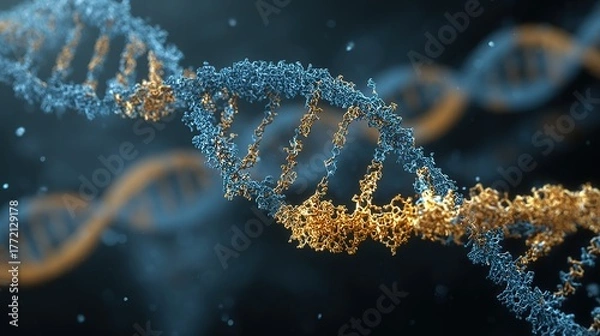Fototapeta Genetic engineering theme, simply showing the process of CRISPR-Cas9 protein cutting DNA strands, DNA strands in blue, Cas9 protein in gold, with text labels