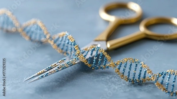 Fototapeta Genetic engineering theme, simply showing the process of CRISPR-Cas9 protein cutting DNA strands, DNA strands in blue, Cas9 protein in gold, with text labels