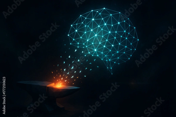 Fototapeta Futuristic Neon Brain with Data Stream