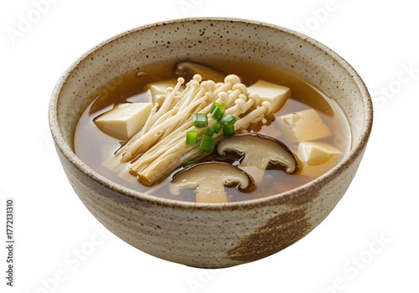 Obraz Japanese Miso Soup with Tofu, Mushrooms and Enoki in Bowl on Black Background japanese food isolated on a transparent background