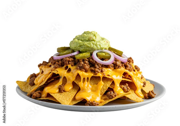 Obraz Loaded Nachos with Ground Beef Cheese Guacamole and Jalapenos on Plate tortilla chips melted cheese isolated on a transparent background