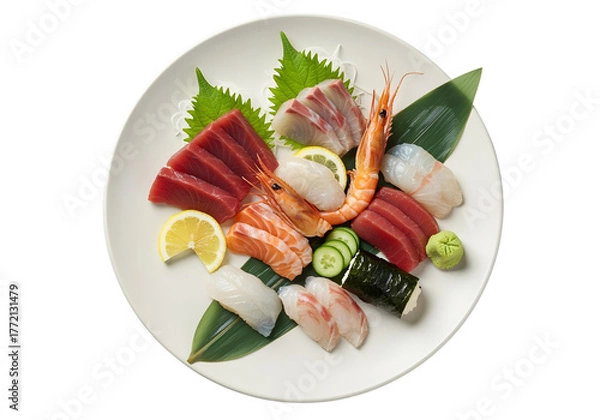 Obraz Overhead View of Assorted Sashimi Plate with Shrimp and Seaweed Roll image isolated on a transparent background