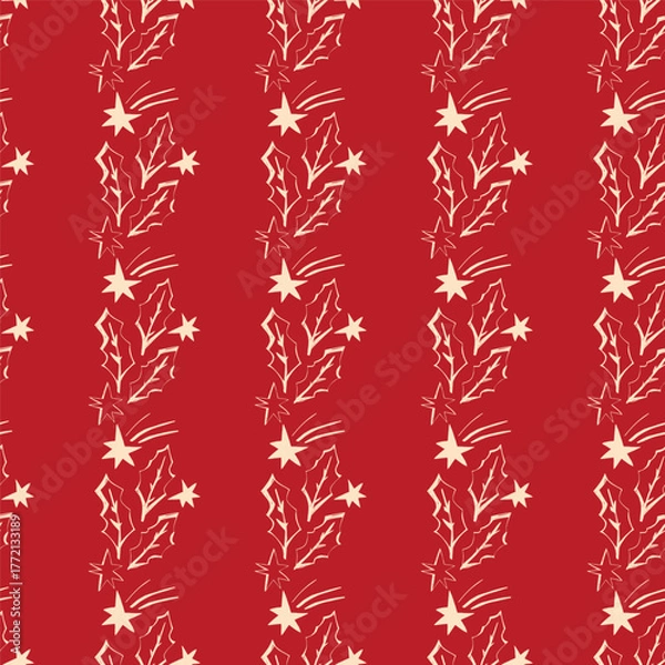 Fototapeta Seamless festive holly pattern with falling stars on red background perfect for Christmas wrapping textiles and cards