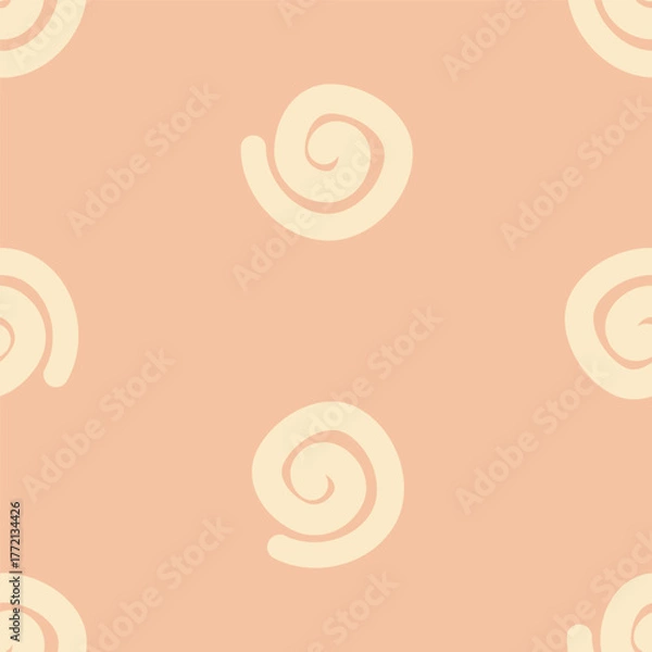 Fototapeta A seamless pattern featuring soft, pale yellow/beige spiral or swirl shapes repeating across a light peach/coral background. This minimalist design is for a background, digital paper or textile print.