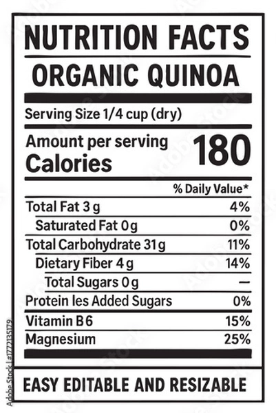 Fototapeta Nutrition facts label for organic quinoa food vector illustration on transparent background