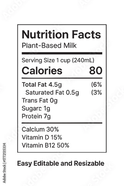 Fototapeta Nutrition facts label for plant based milk vector illustration on transparent background