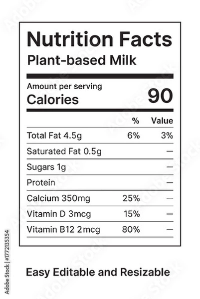 Fototapeta Nutrition facts label for plant based milk vector illustration on transparent background