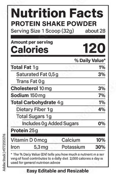 Fototapeta Nutrition facts label for protein shake powder vector illustration on transparent background