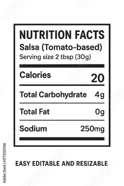 Fototapeta Nutrition facts label for tomato based salsa vector illustration on transparent background