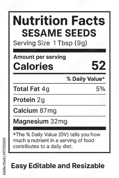 Fototapeta Nutrition facts label for sesame seeds product vector illustration on transparent background