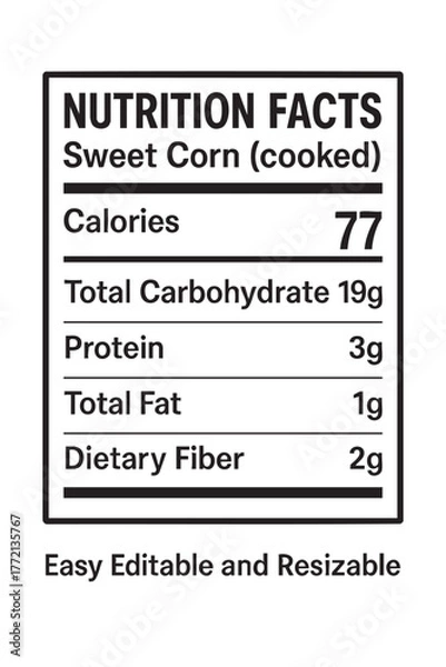 Fototapeta Nutrition facts label for sweet corn cooked vector illustration on transparent background