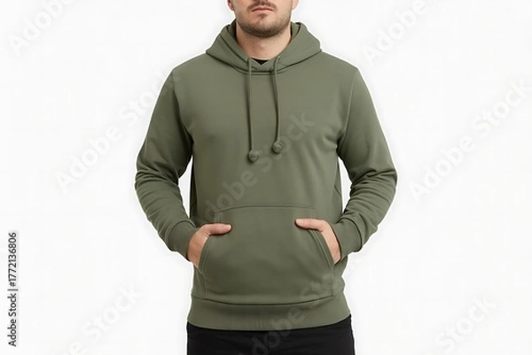 Obraz A person wearing an olive green hoodie, standing against a plain white background.