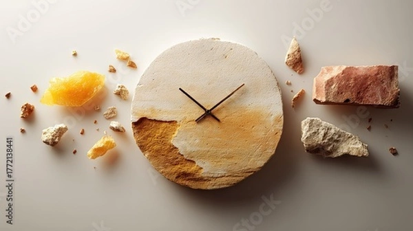 Obraz A rough circular clock face with exposed textured layers and thin hands surrounded by scattered pieces of stone sand and amber colored material