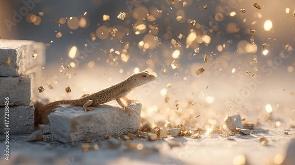 Obraz A small spotted lizard rests on a stone next to crumbling brickwork with golden particles floating in the hazy sunlit air