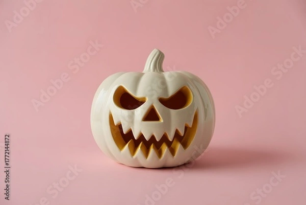 Obraz White jack o lantern with scary face on pink background