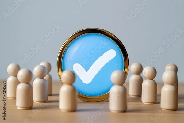 Obraz Wooden figures facing a glowing blue checkmark symbol