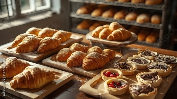 Fototapeta Freshly Baked Croissants and Tarts Displayed on Wooden Boards and Trays in a Bakery