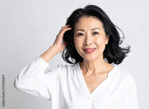 Obraz 笑顔で髪を触る中年女性