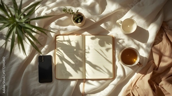 Fototapeta A serene morning still life with an open journal for writing, a cup of tea, and a phone, cast in soft sunlight with plant shadows