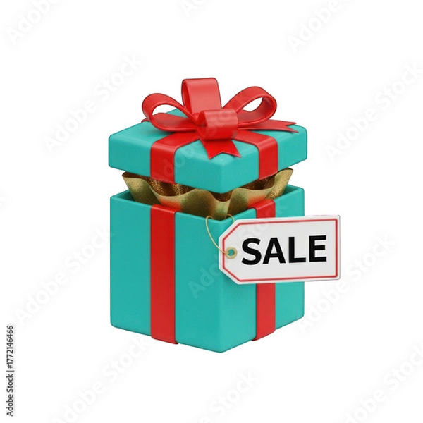 Obraz Teal gift box with red ribbon and sale tag for promotion on white background
